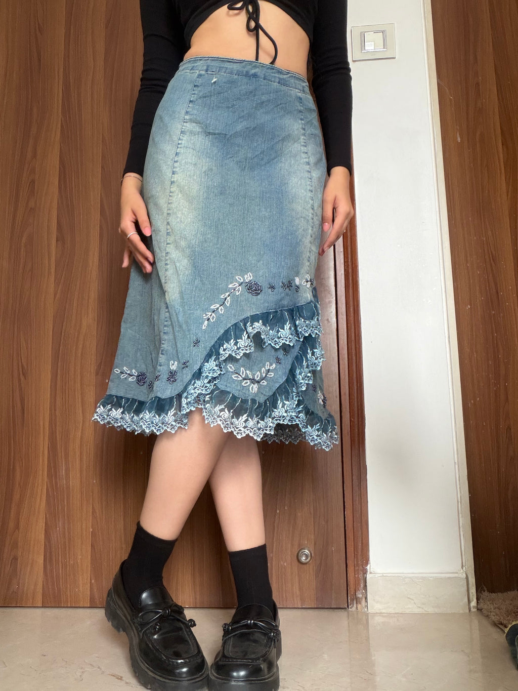 Beaded floral net work blue denim skirt(32-34 inch)