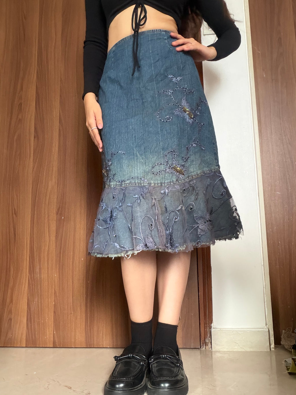 Net work beaded butterfly floral denim skirt(30 inch)