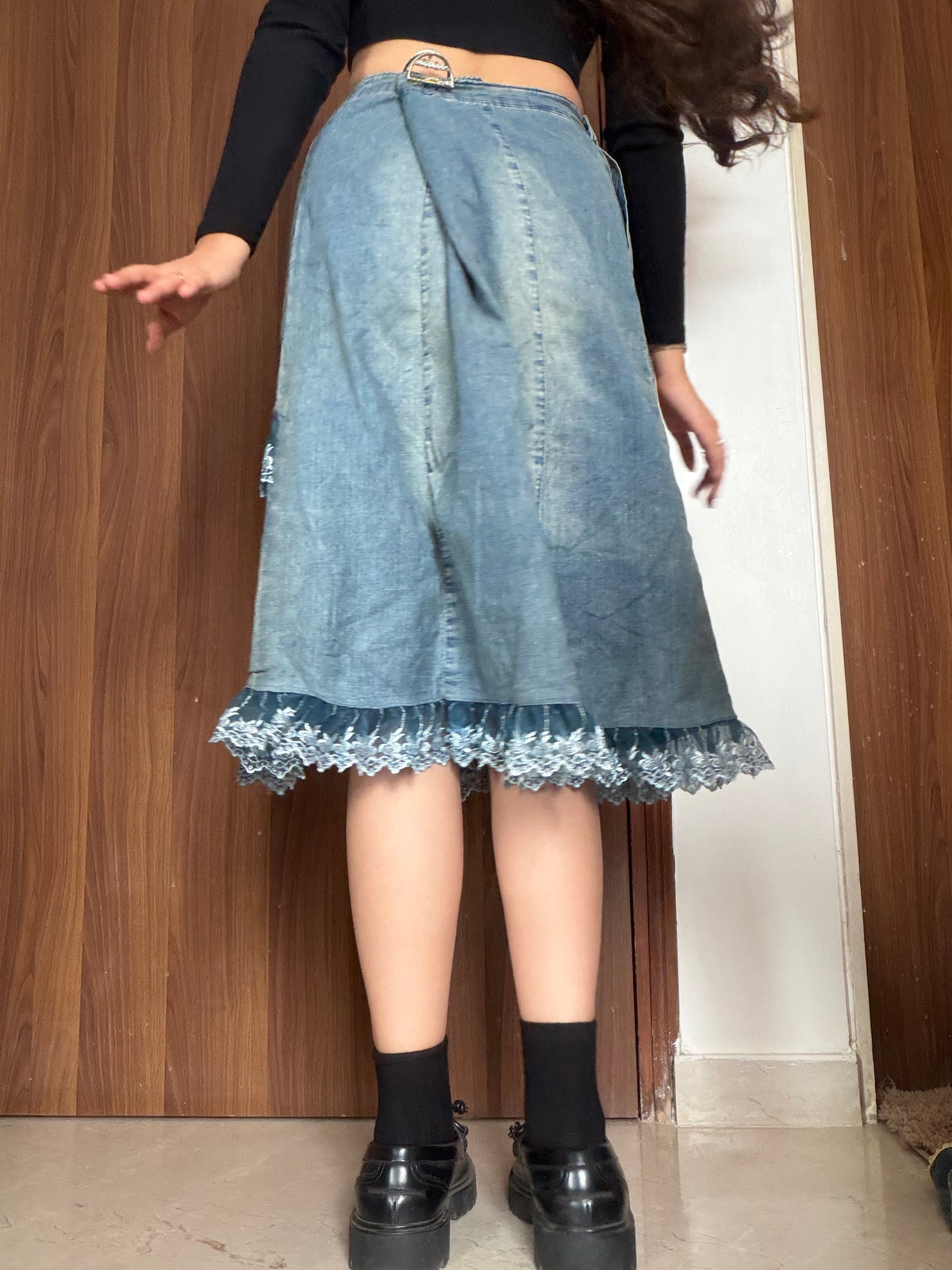 Beaded floral net work blue denim skirt(32-34 inch)