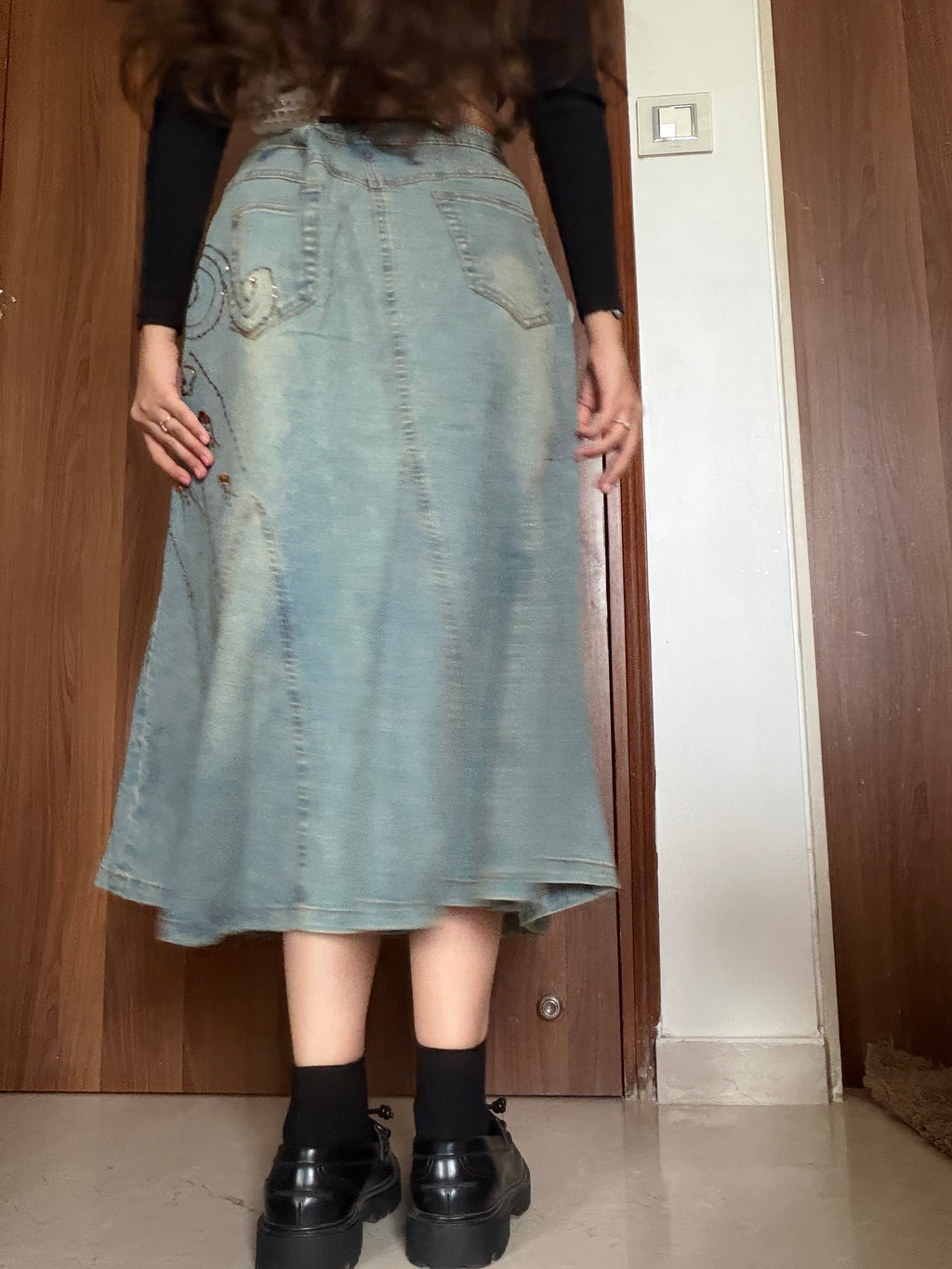 Brown beaded floral denim skirt(32 inch)