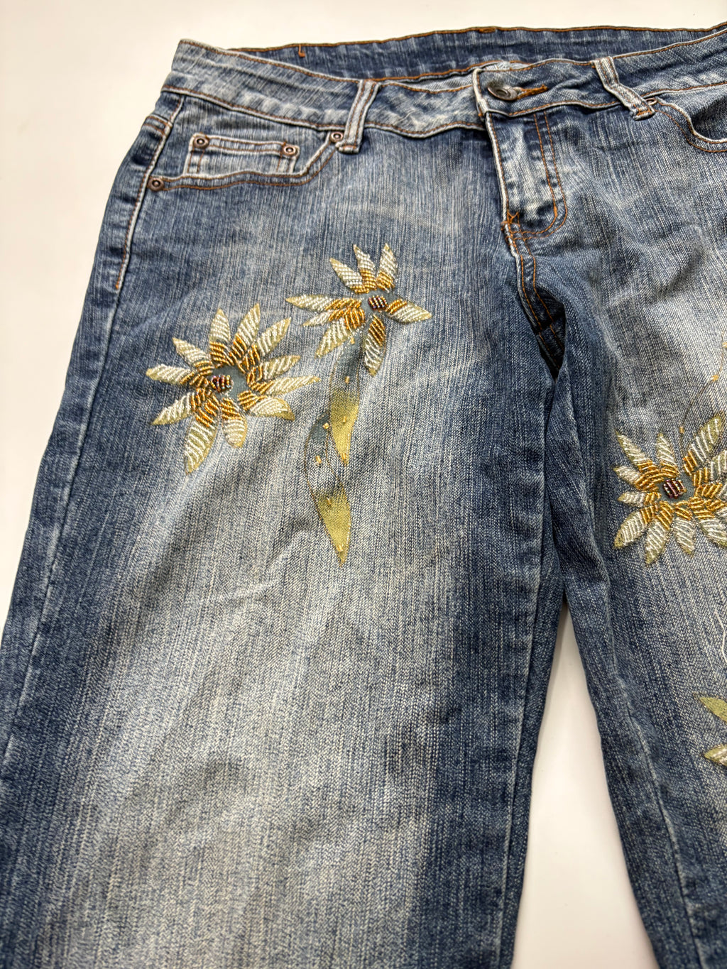 Gold floral beaded low rise jeans(32 inch)