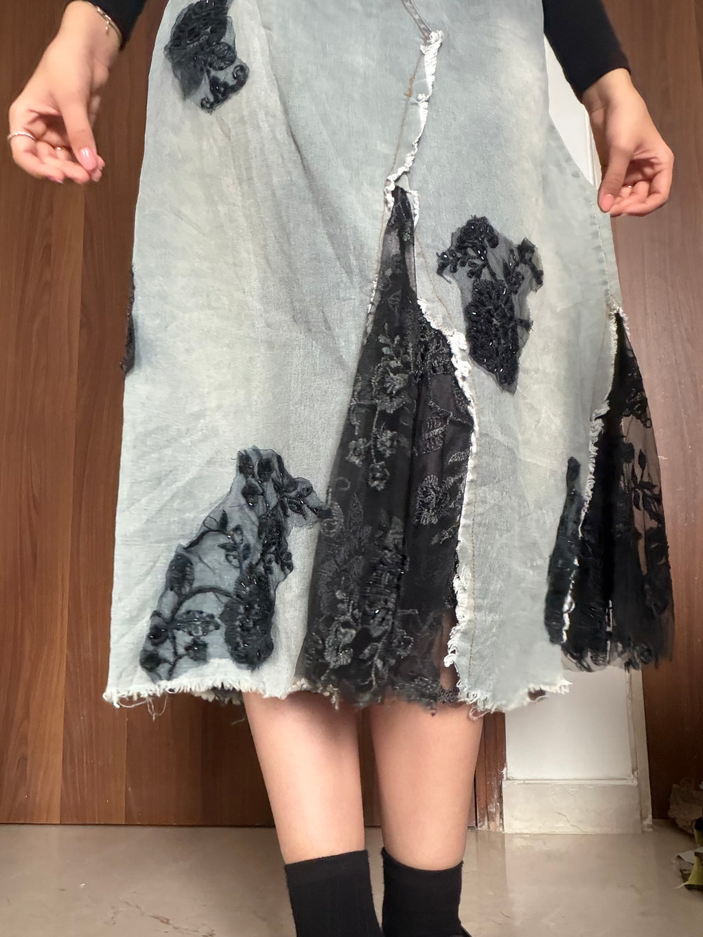 Wang jue black net denim skirt(34 inch)