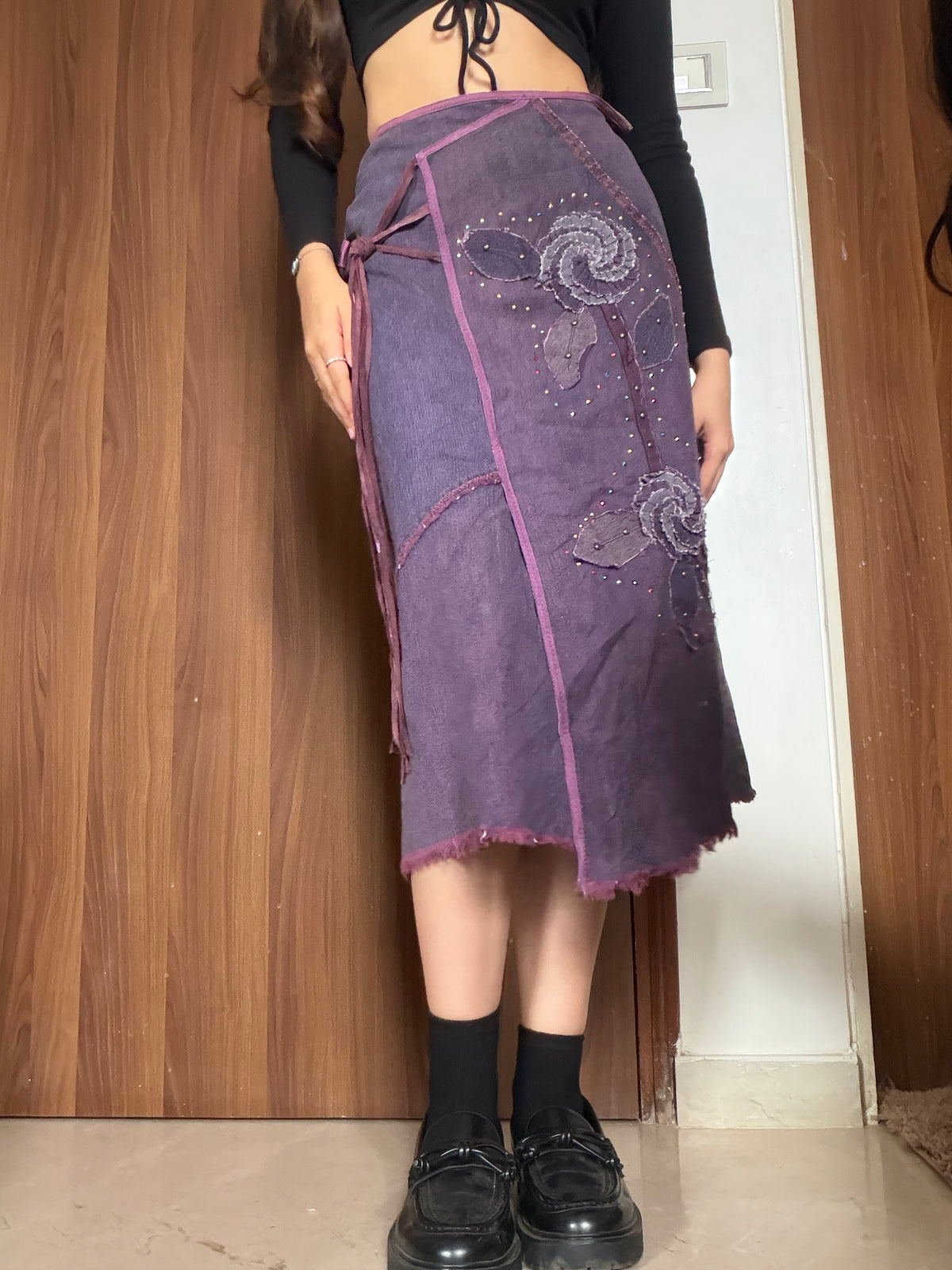 Purple circle beaded denim skirt(28 inch)