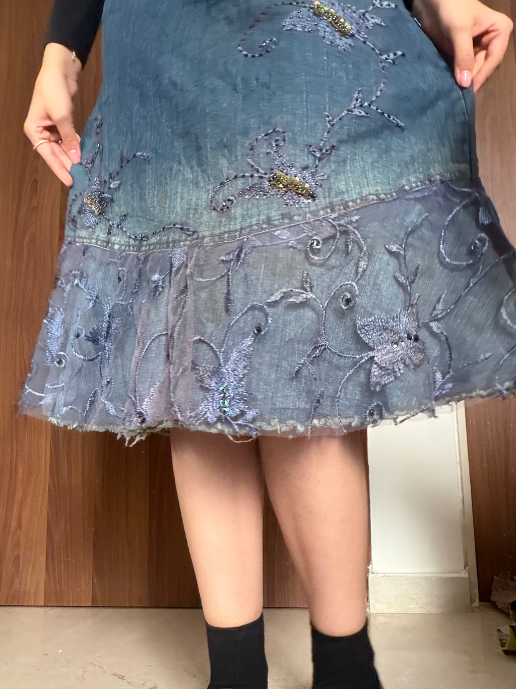 Net work beaded butterfly floral denim skirt(30 inch)