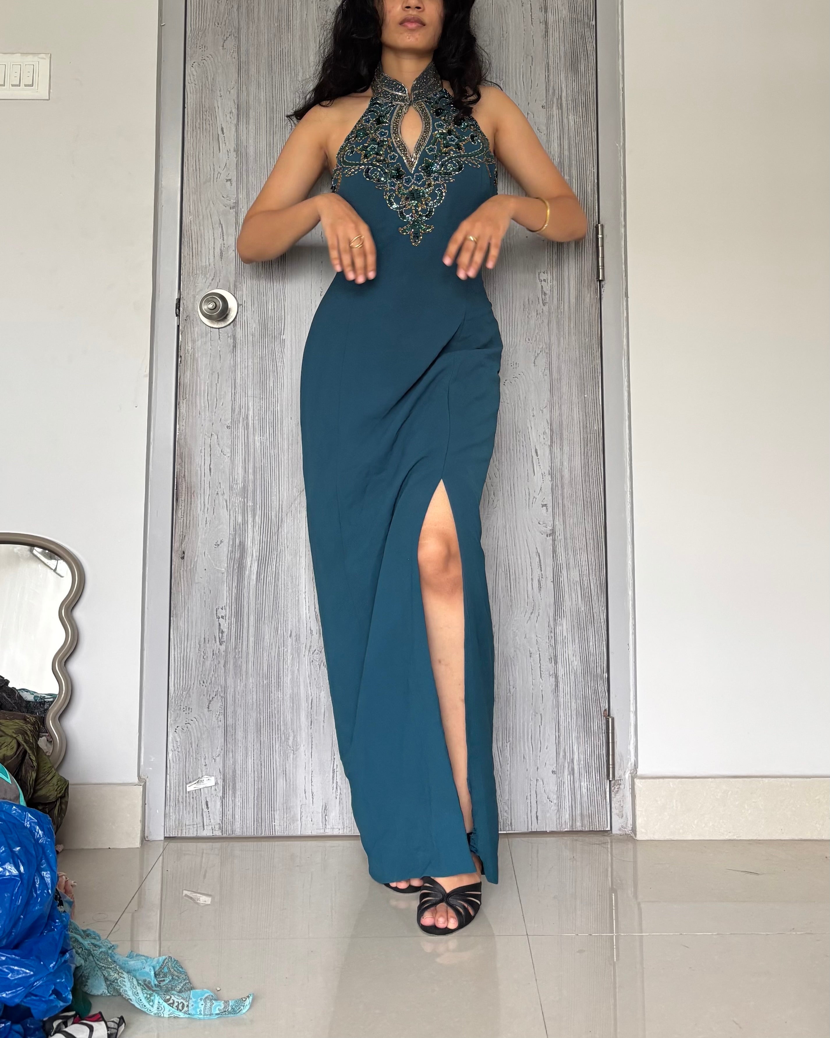 slit turquoise sequin gown PADDED ( 38inch)