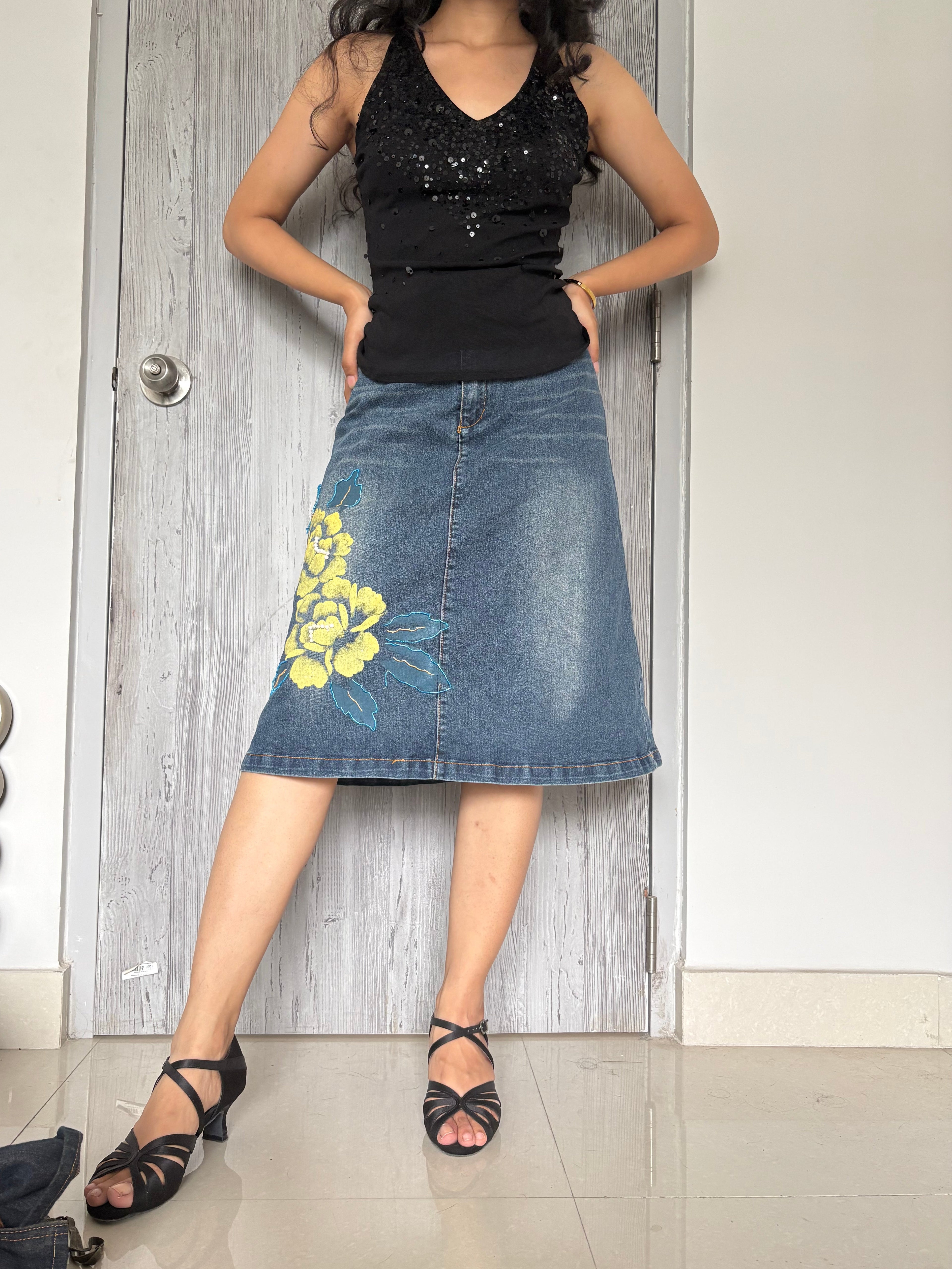 flower denim midi skirt ( 34inch