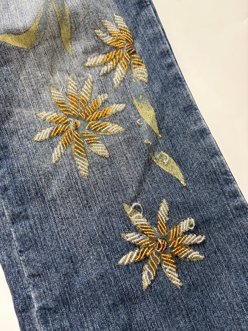 Gold floral beaded low rise jeans(32 inch)