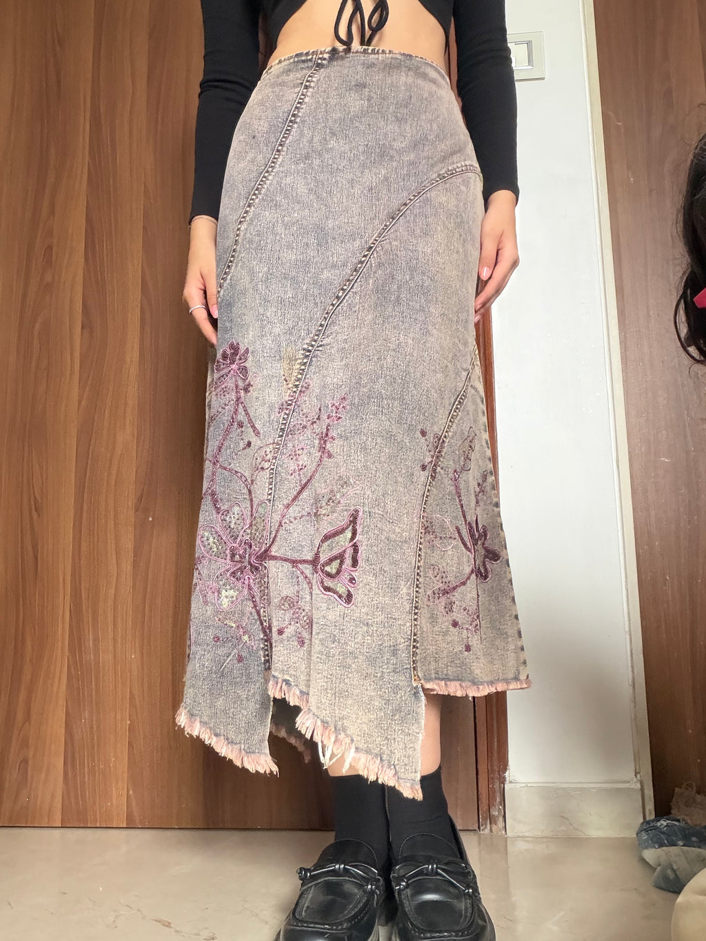 Greyish purple floral beaded denim skirt(30-32 inch)