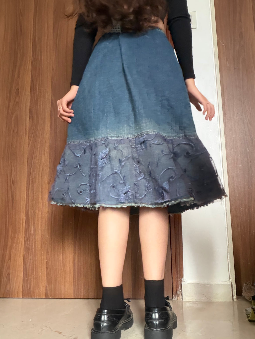Net work beaded butterfly floral denim skirt(30 inch)