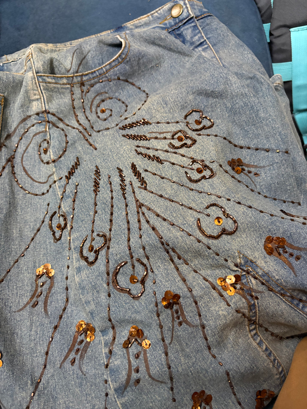 Brown beaded floral denim skirt(32 inch)