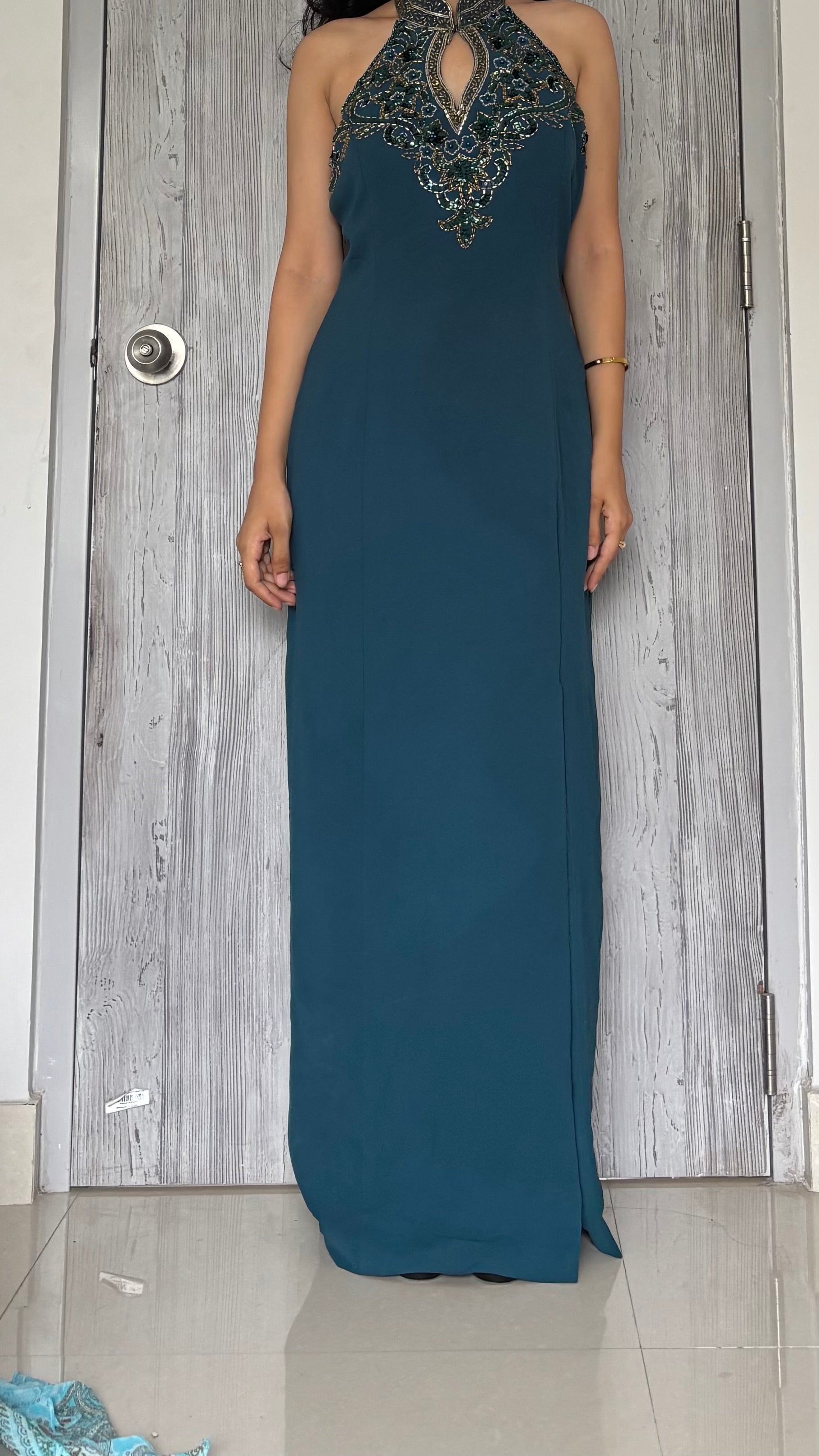 slit turquoise sequin gown PADDED ( 38inch)