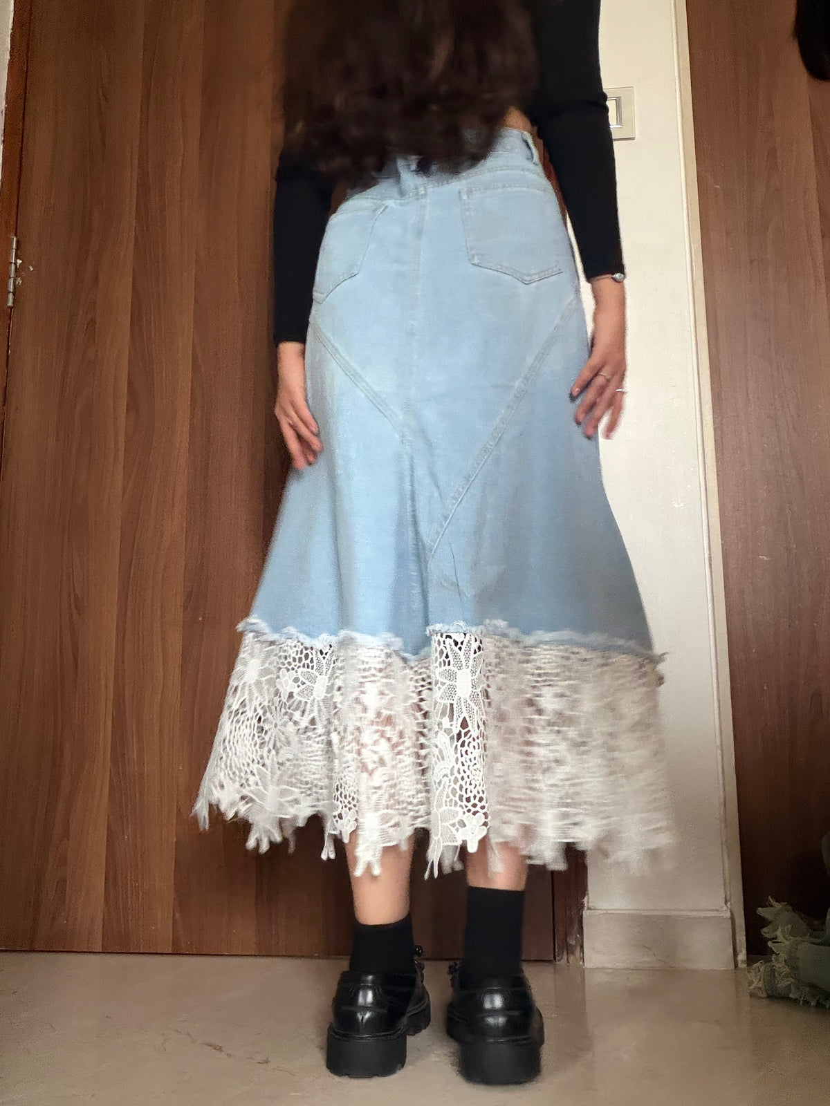 Net work floral bottom denim skirt(26-28 inch)