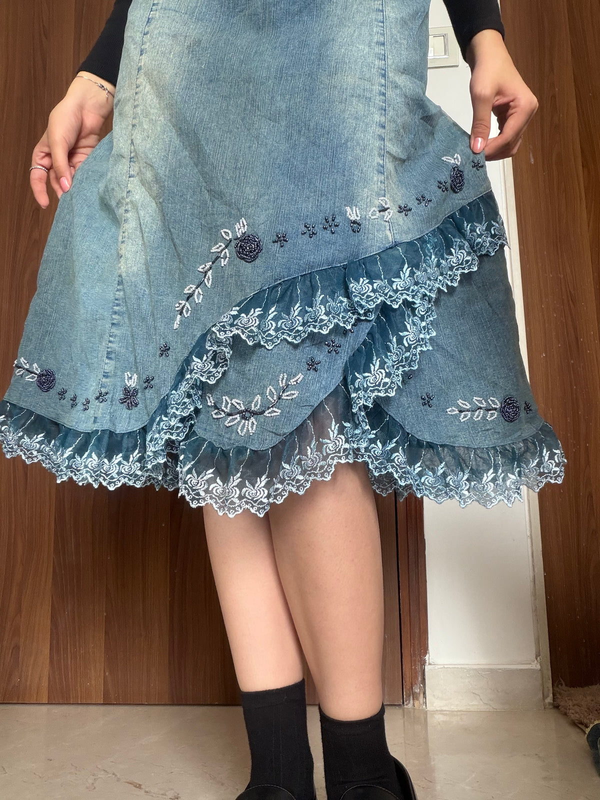 Beaded floral net work blue denim skirt(32-34 inch)