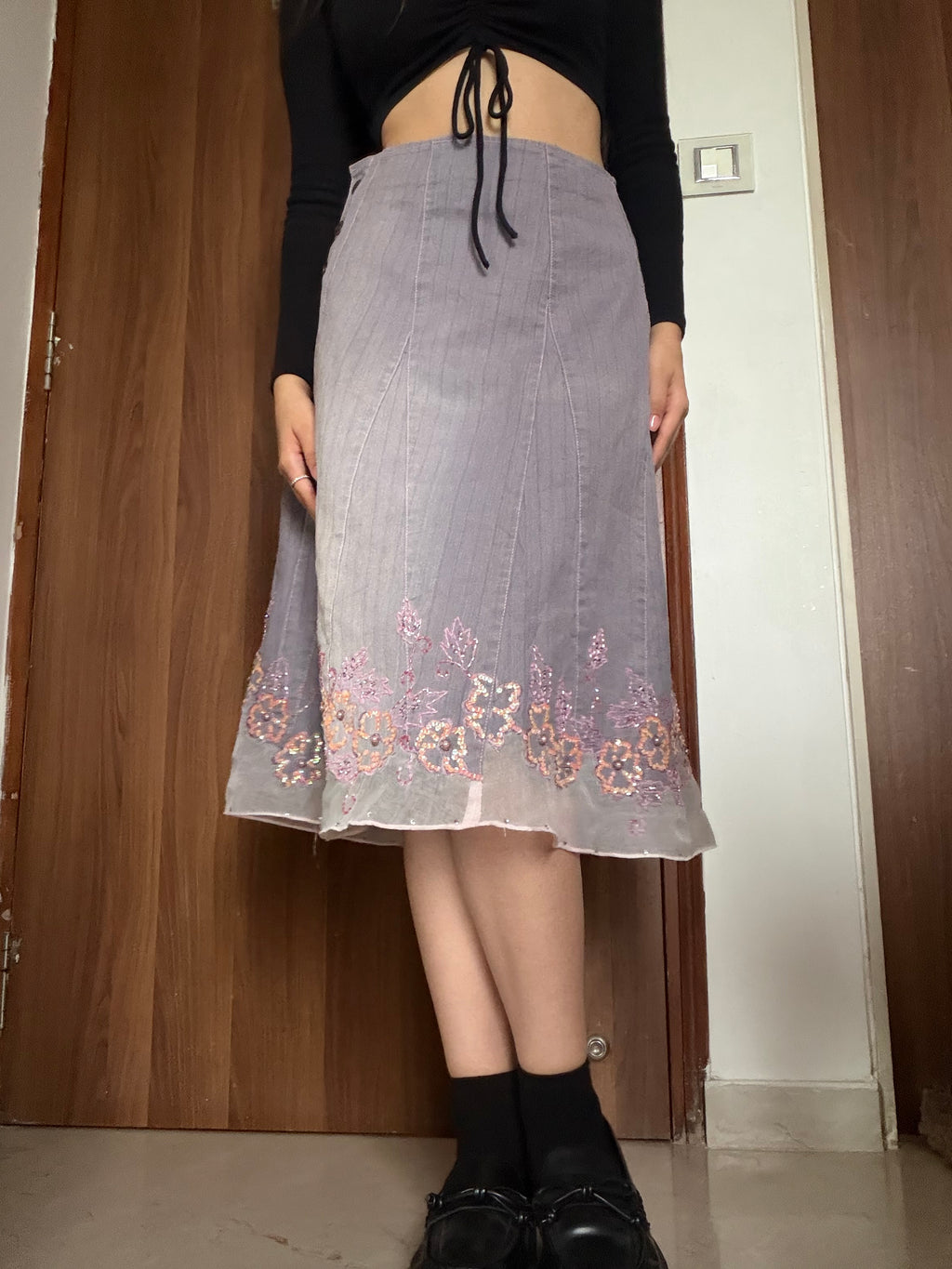 Purple beaded floral denim skirt(26-28 inch)