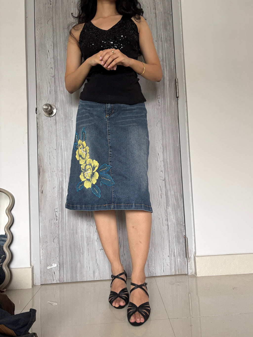 flower denim midi skirt ( 34inch