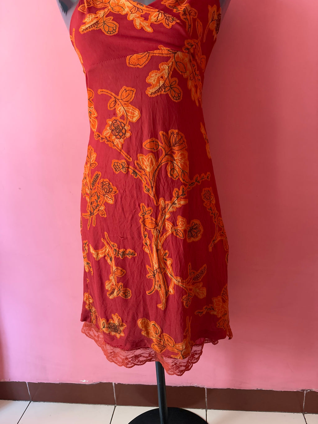 PINK Orange&red floral dress(34-38inch)