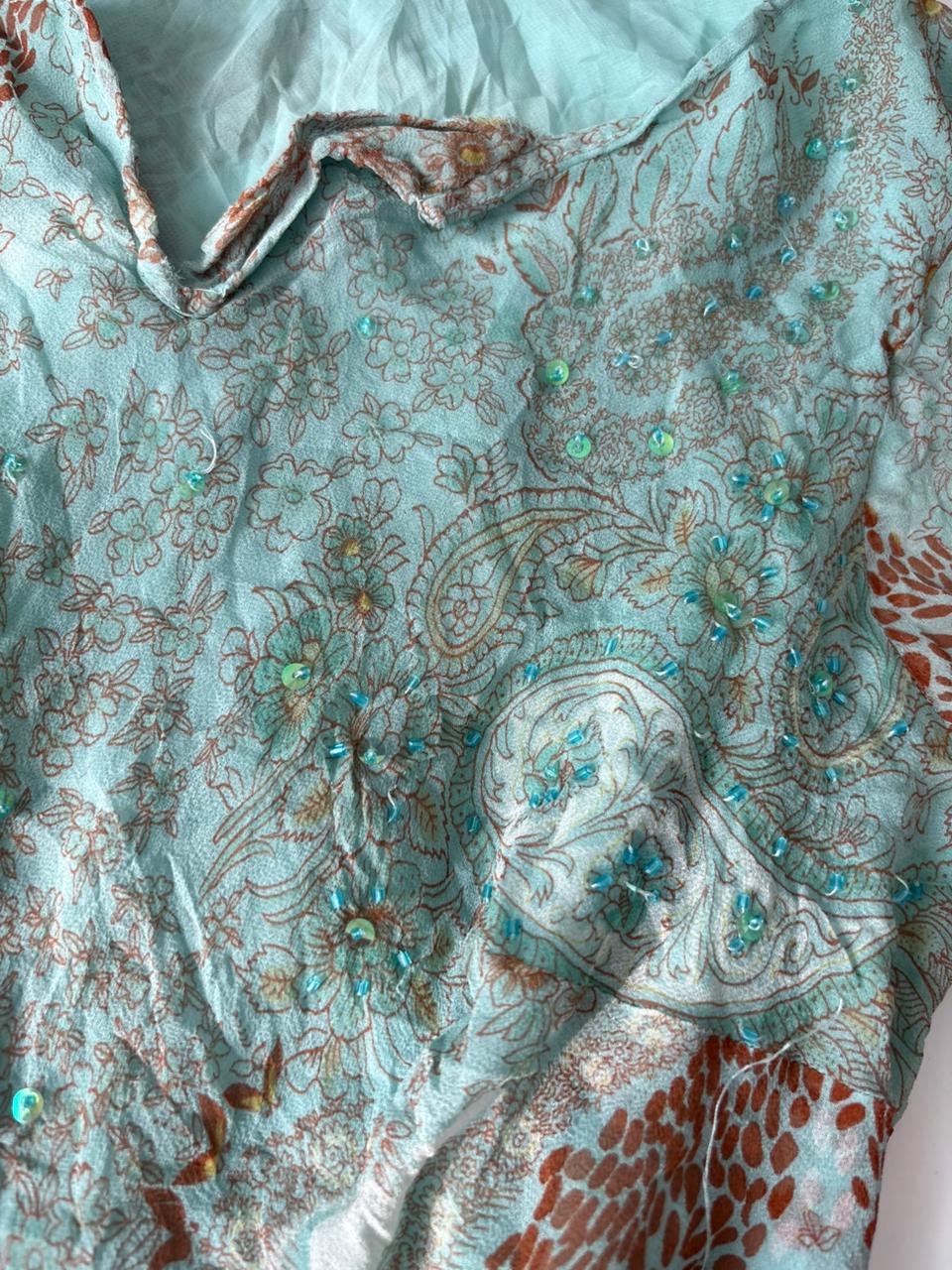 Beaded teal top(48-50 inch) 100% silk