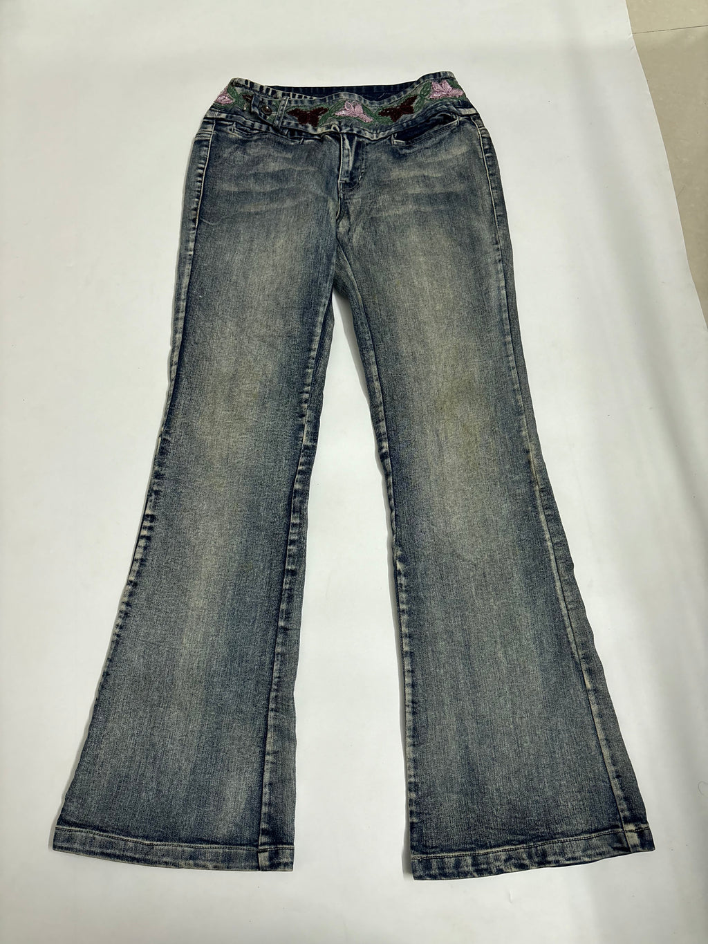 Border embroidery beaded flower low rise jeans(26 inch)