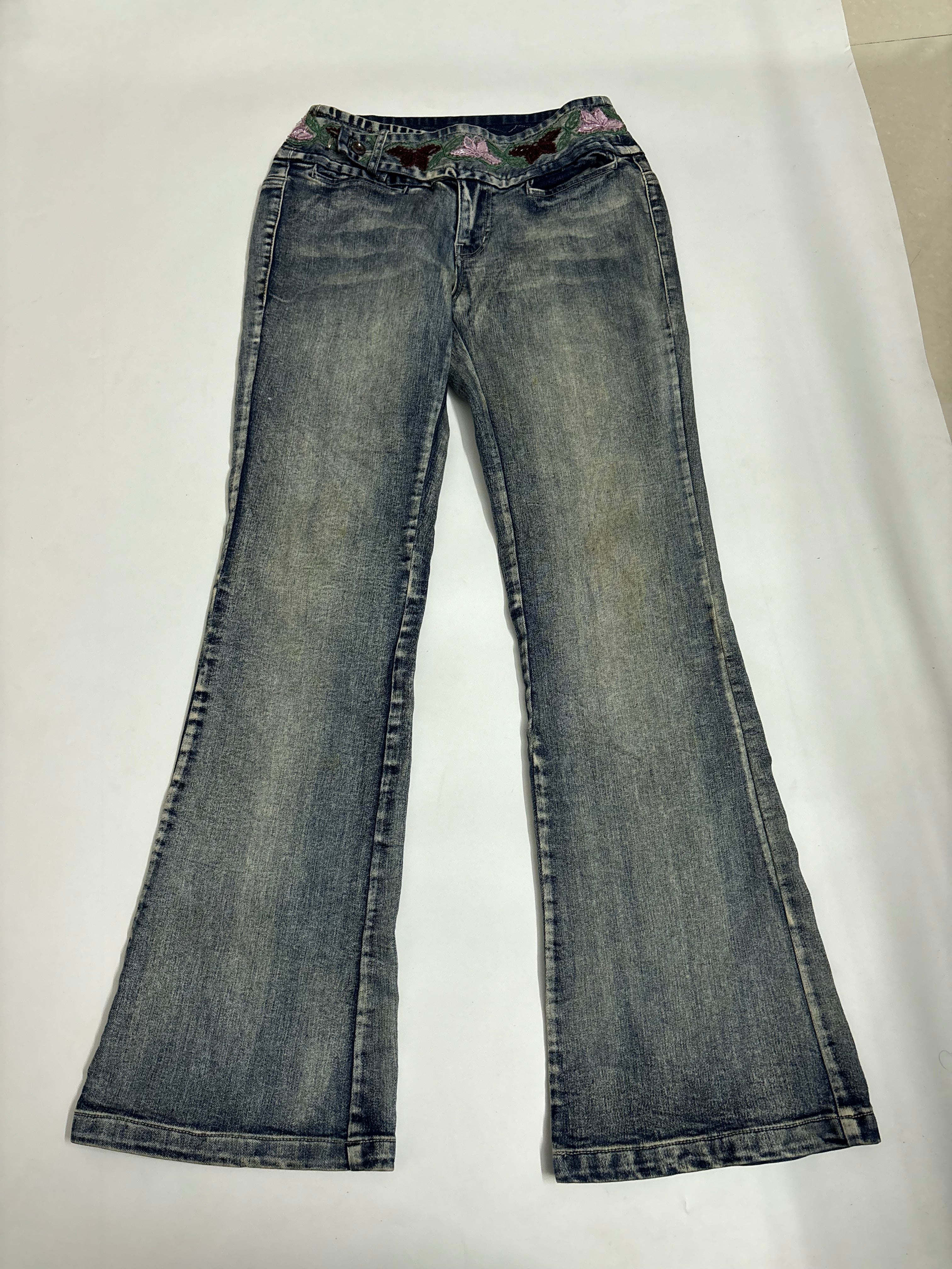 Border embroidery beaded flower low rise jeans(26 inch)