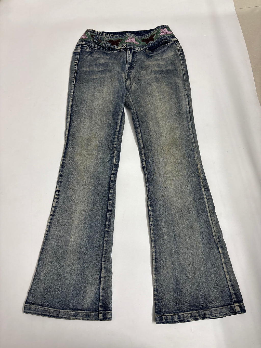 Border embroidery beaded flower low rise jeans(26 inch)