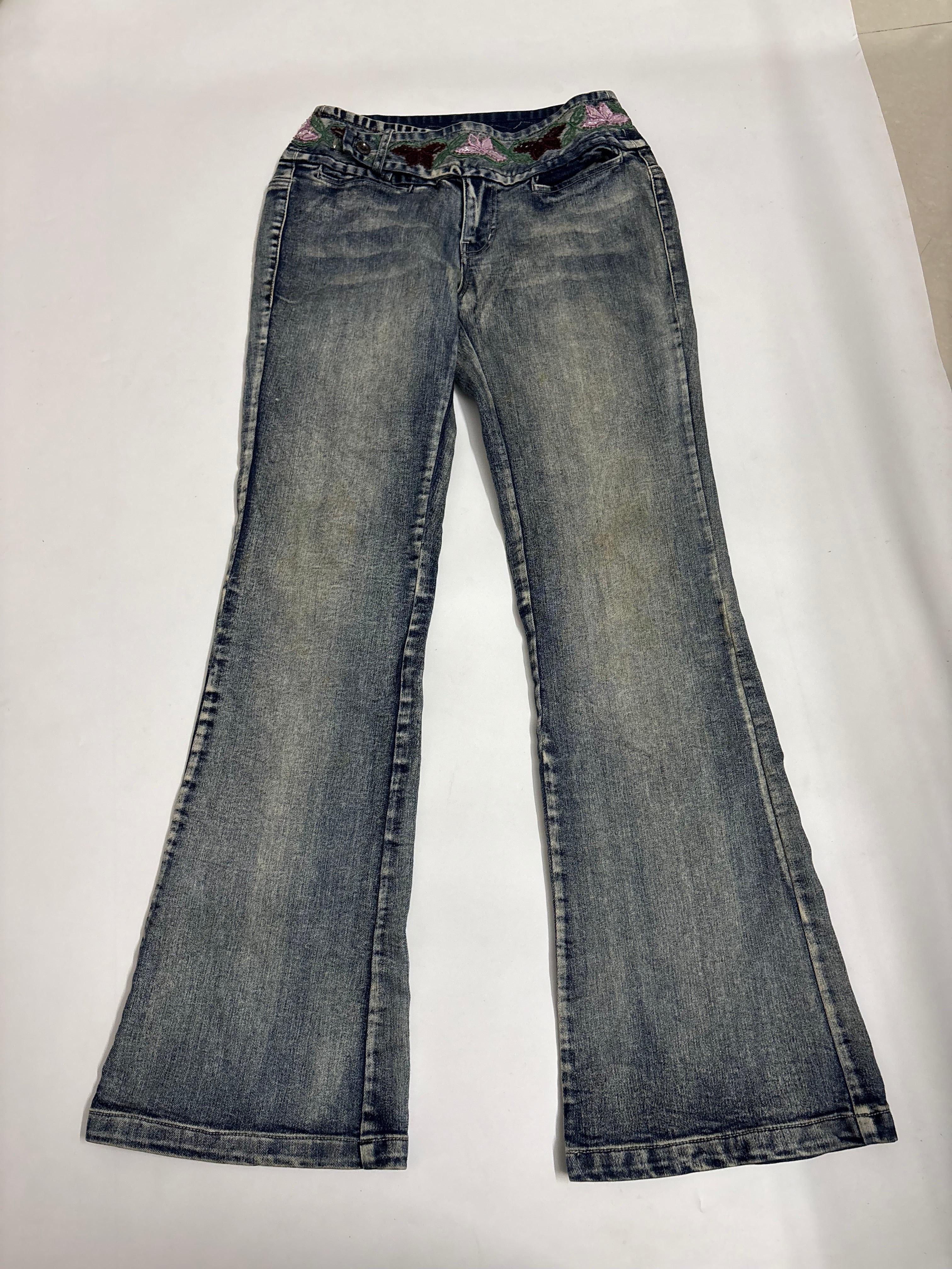 Border embroidery beaded flower low rise jeans(26 inch)