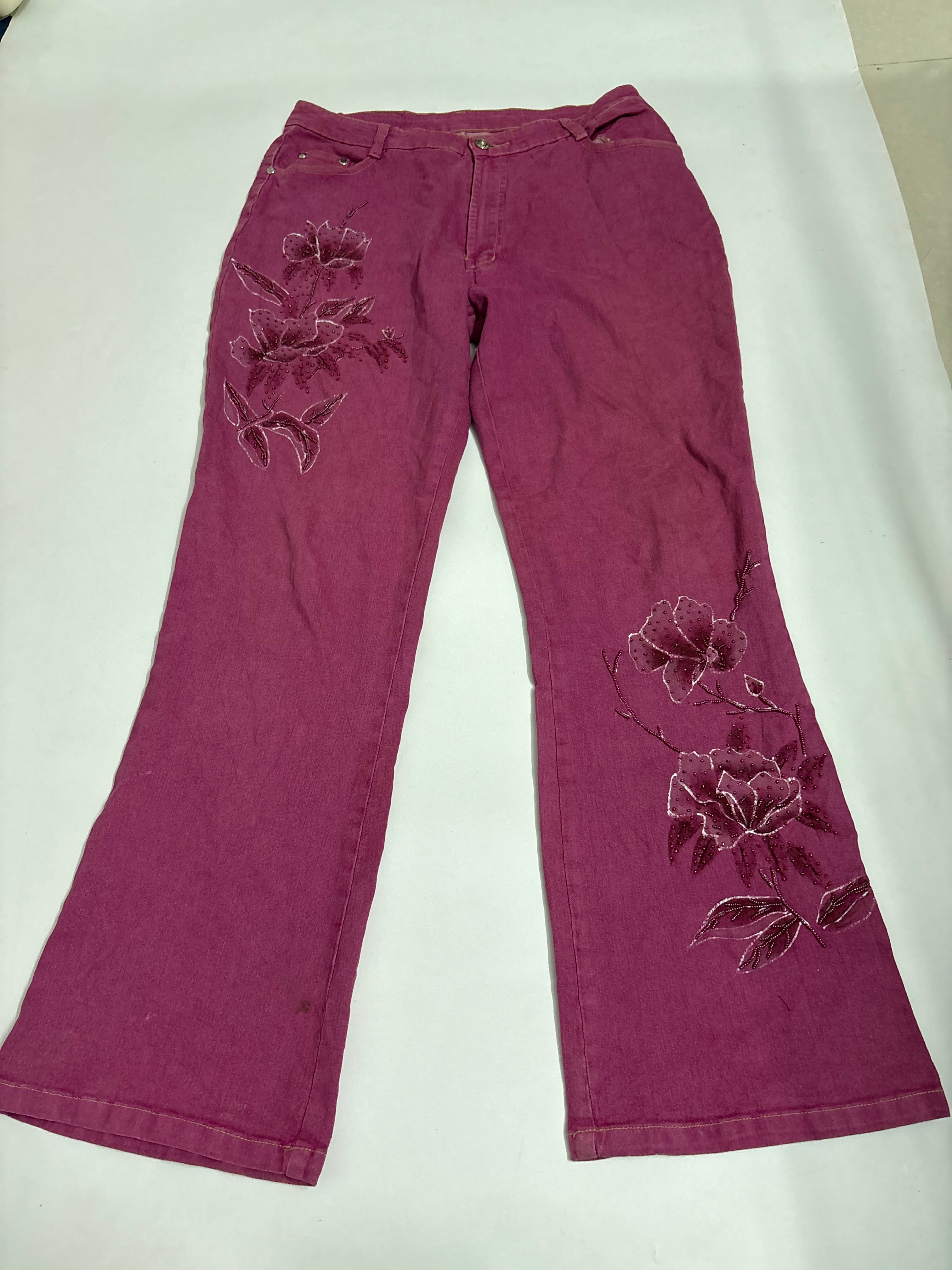 Hot pink floral beaded high rise jeans(34 inch)